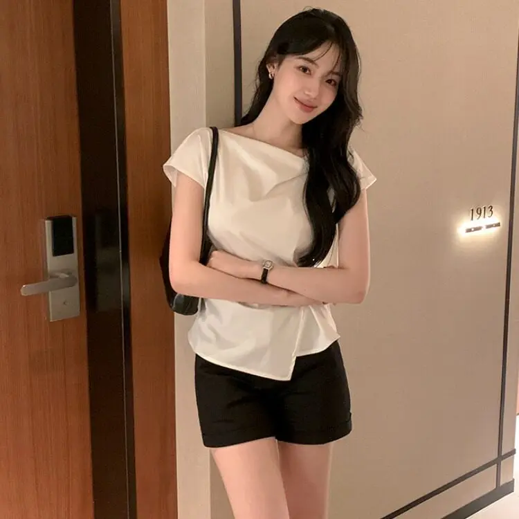 Waist-Cinching Slit Daily Versatile Shirt Top Women's Fashion Polyester Short Sleeve Regular Fit Shirt Casual All-Match