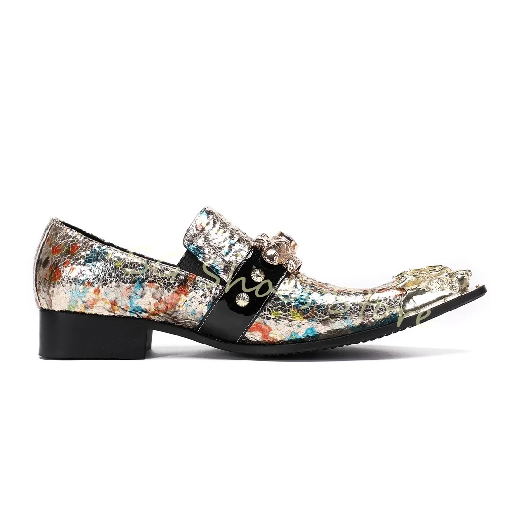 

Wedding Dress Shoes for Men Mixed Color Graffiti Prints Shallow Loafers Male Metal Pointed Toe Chunky Heel Derby Shoes Oxfords