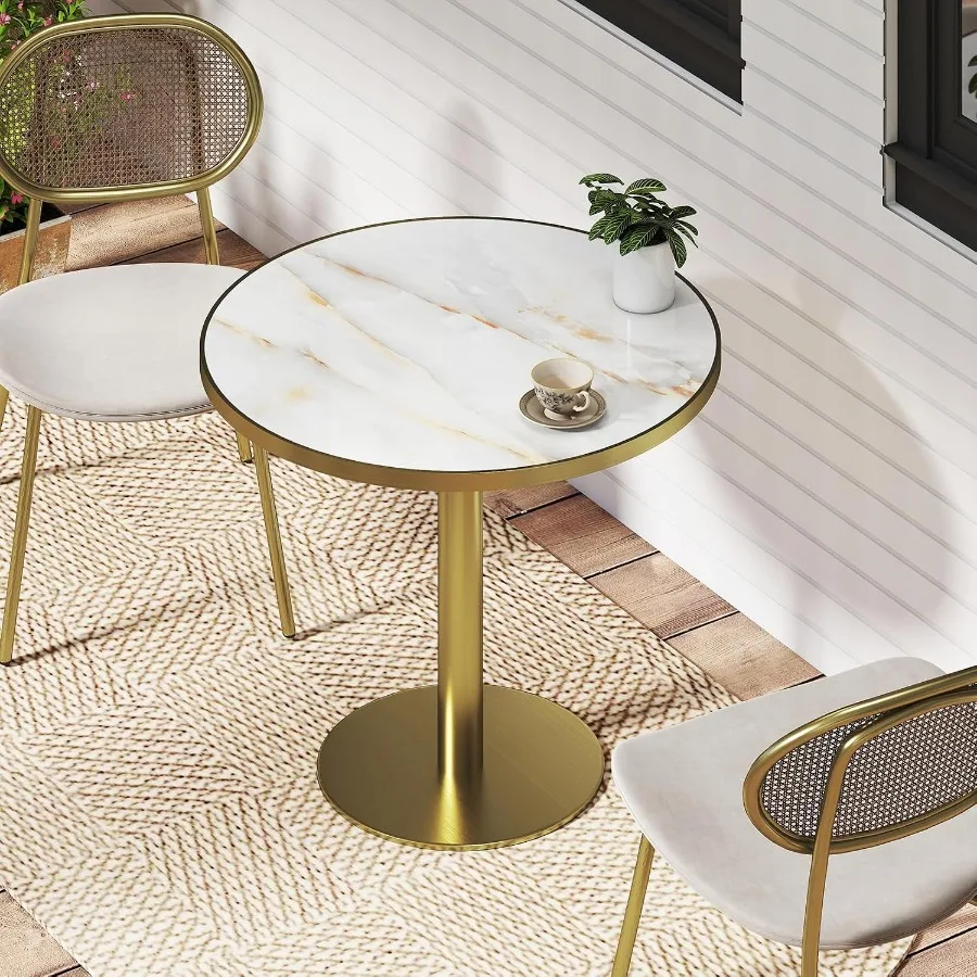 31.5 Inch Circle Tulip Table with Thickened Sintered Stone Tabletop and Golden Metal Pedestal, Small Dining Table Bistro Table