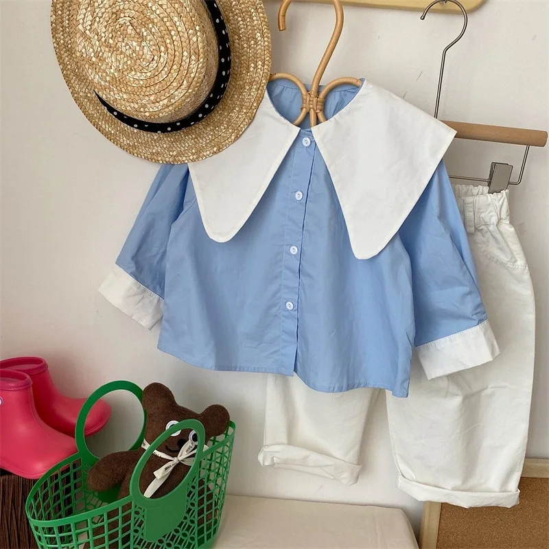 Fashion Baby Girl Cotton Shirt Pointed Collar Infant Toddler Child Blouses Outfit Long Sleeve Spring Autumn Baby Clothes 1-10Y