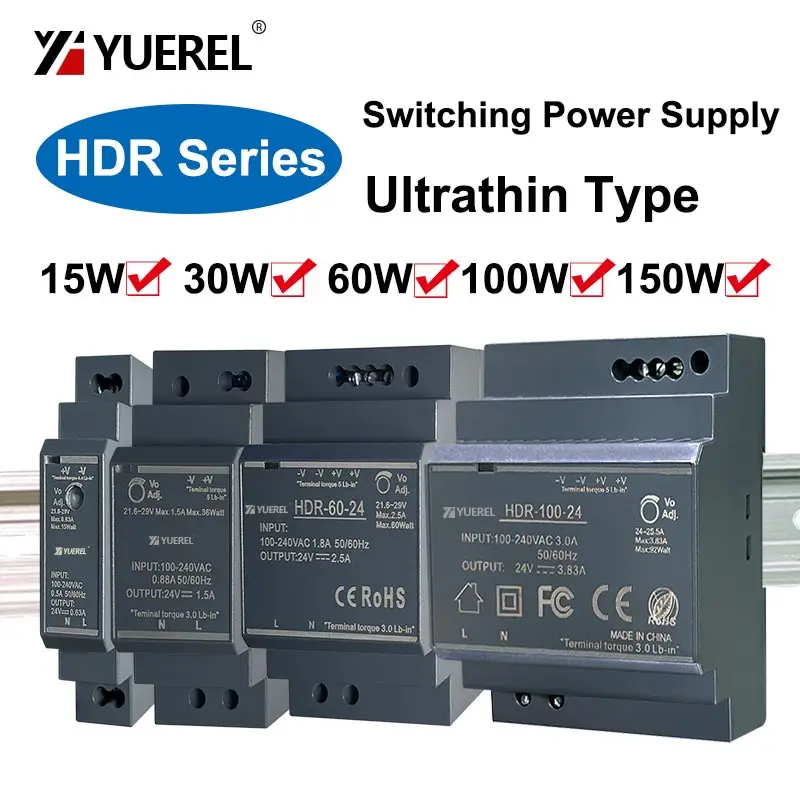Ultracienki zasilacz impulsowy HDR 15W 30W 60W 100W 150W 12V 24V Transformator szynowy