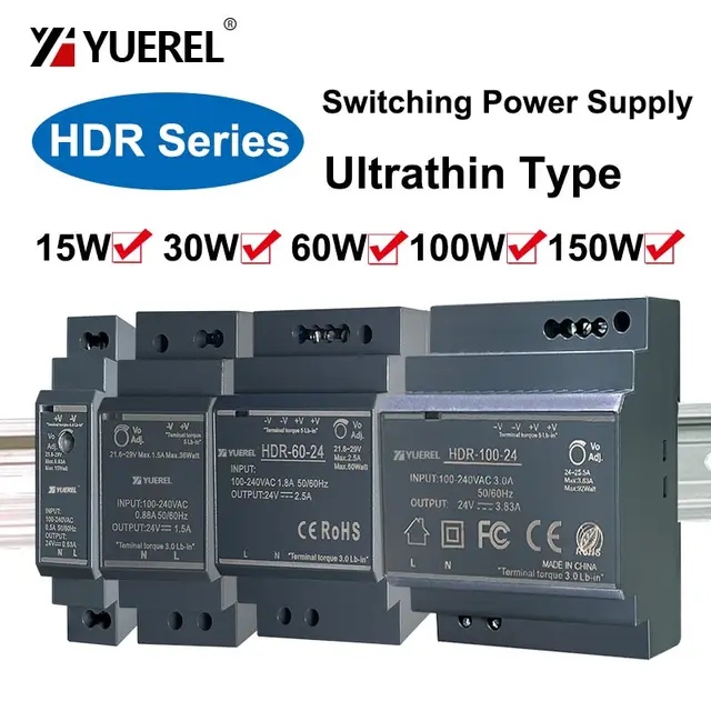 Ultracienki zasilacz impulsowy HDR 15W 30W 60W 100W 150W 12V 24V Transformator szynowy
