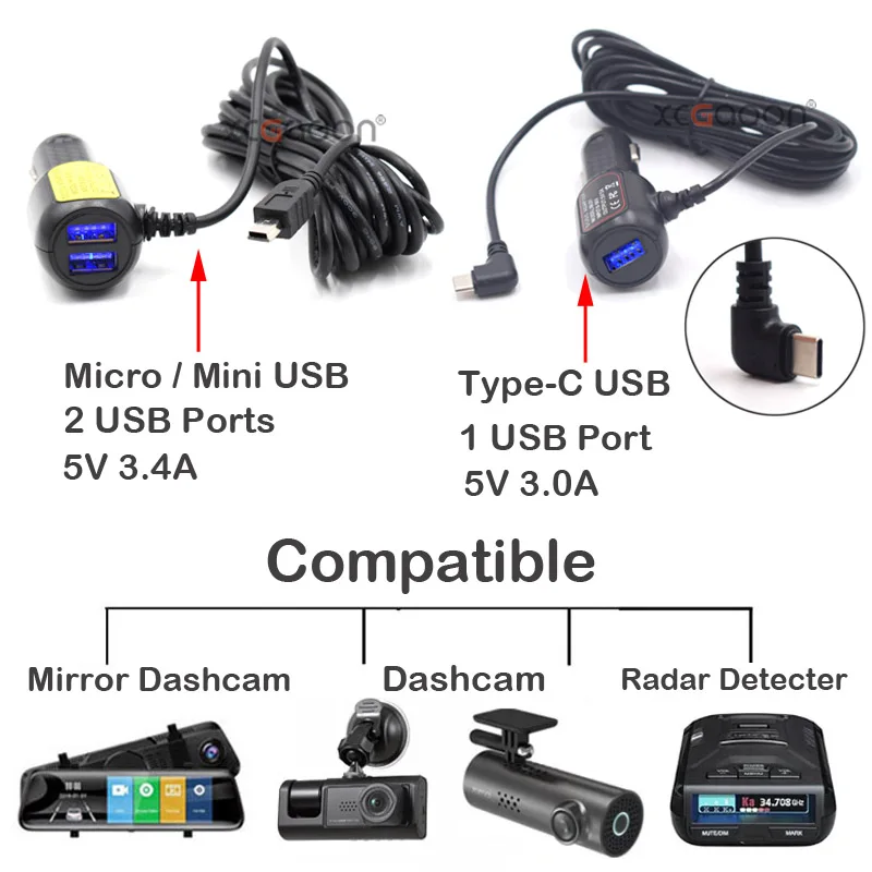 XCGaoon-Carregador de Carro USB com Porta Micro Mini Tipo C, Detector de Radar, Câmera GPS, DVR, 5V, 3.4A, 3A