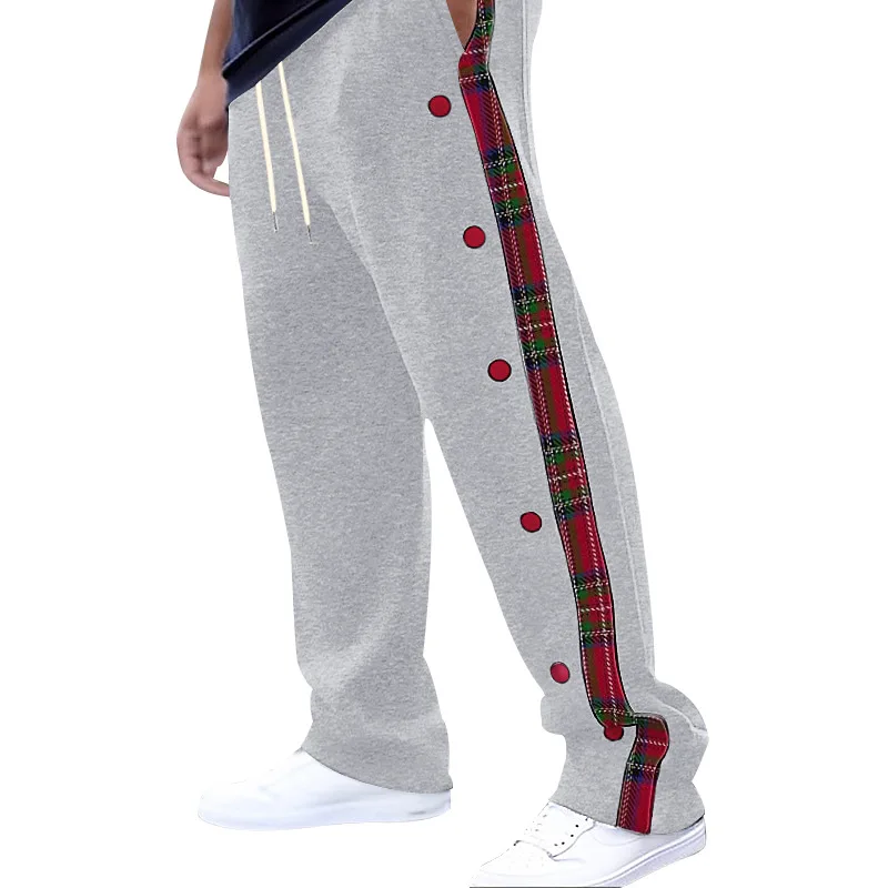 American New Men's Sports Pants Spring and Autumn Breasted Plaid Stitching Design Casual Pants Loose Straight Men's Sweatpants