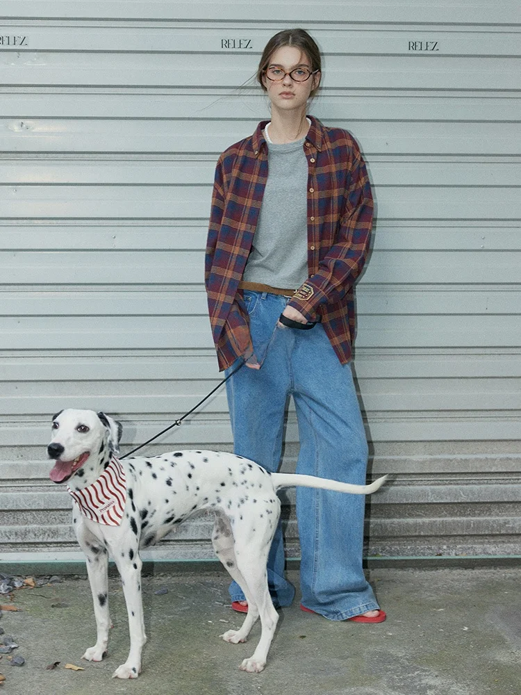 

Casual Plaid Long Sve irt Women's Loose Fit Breathable Cotton Polyester Blend Fall 2025 Seasonal Faion Reversible