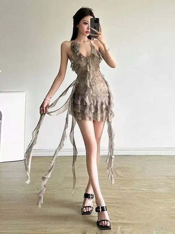 Vestido E e Sexy com Babados e Decote em Camadas, Saia Curta Irregular de Cintura Alta, Estilo Verão para Mulheres