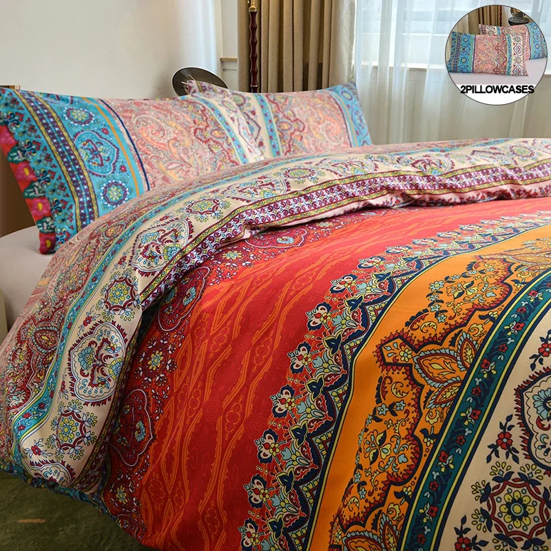 Bohemian Elegance Brushed Polyester Bedding Set Duvet Cover Set with Pillowcases -Twin/Full/King/Queen ,Customizable Size