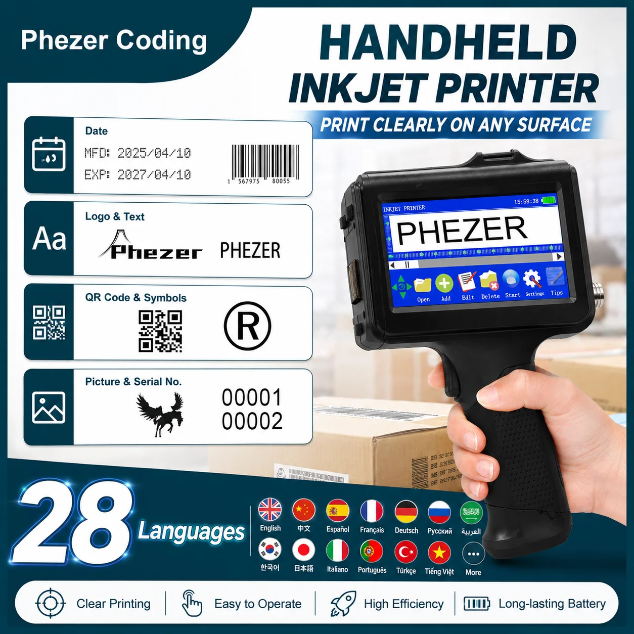 

Phezer P19 12.7mm Black Handheld Inkjet Printer, Portable Label Maker for QR Bar Batch Code Expiry Date Logo Number