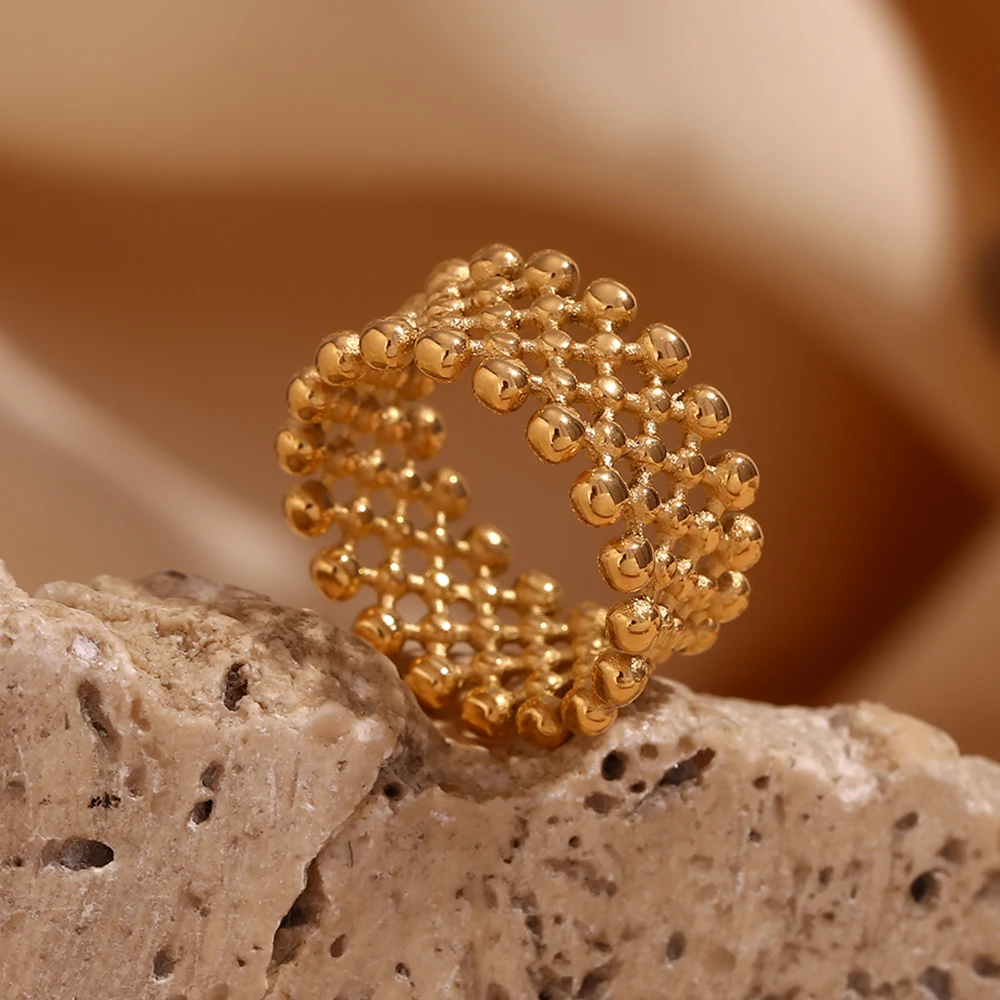 Small Ball Mesh Faced Cross Arranged Ring Water Resistant 18K Gold Plated Decoration 316L Stainless Steel Jewelry