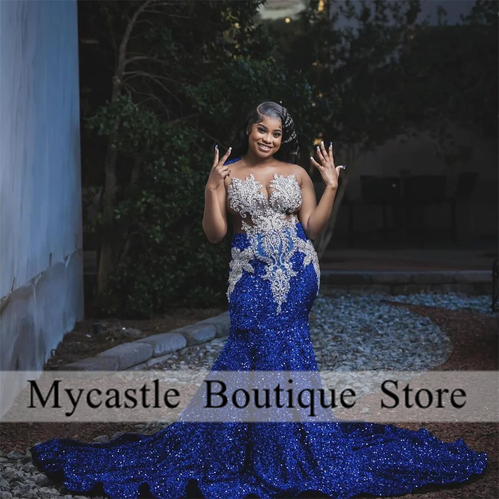 Sparkly Diamonds Royal Blue Prom Dresses 2024 For Black Girls Beads Crystals Appliques Sequins Formal Party Gown Plus Size