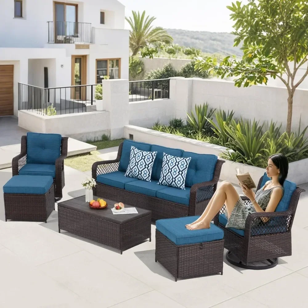 6 Pieces Wicker Patio Furniture Set Conversations Sets, 2 Outdoor 360° Swivel Rocking Chairs, Poolside, Backyard (Grey)