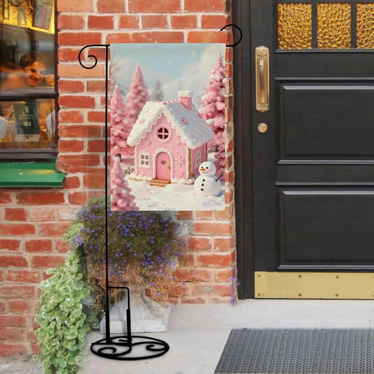 Pink Christmas Gingerbread House Garden Flag Double Sided Small Flag for Outdoor 12x18 Inch Welcome Holiday Decorations ZZM