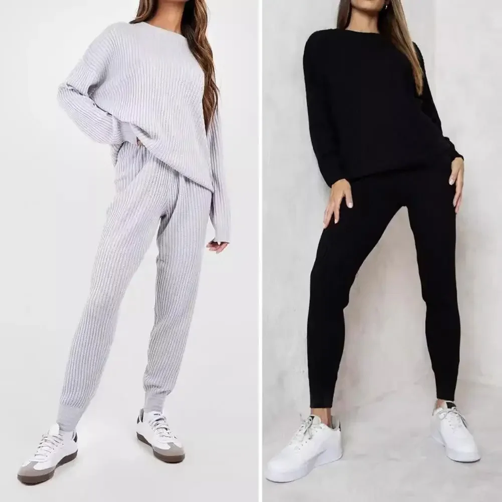 Spodnie damskie z elastyczną talią i dzianinowym topem z okrągłym dekoltem i długimi rękawami Elastyczna talia Plus Size do codziennego użytku