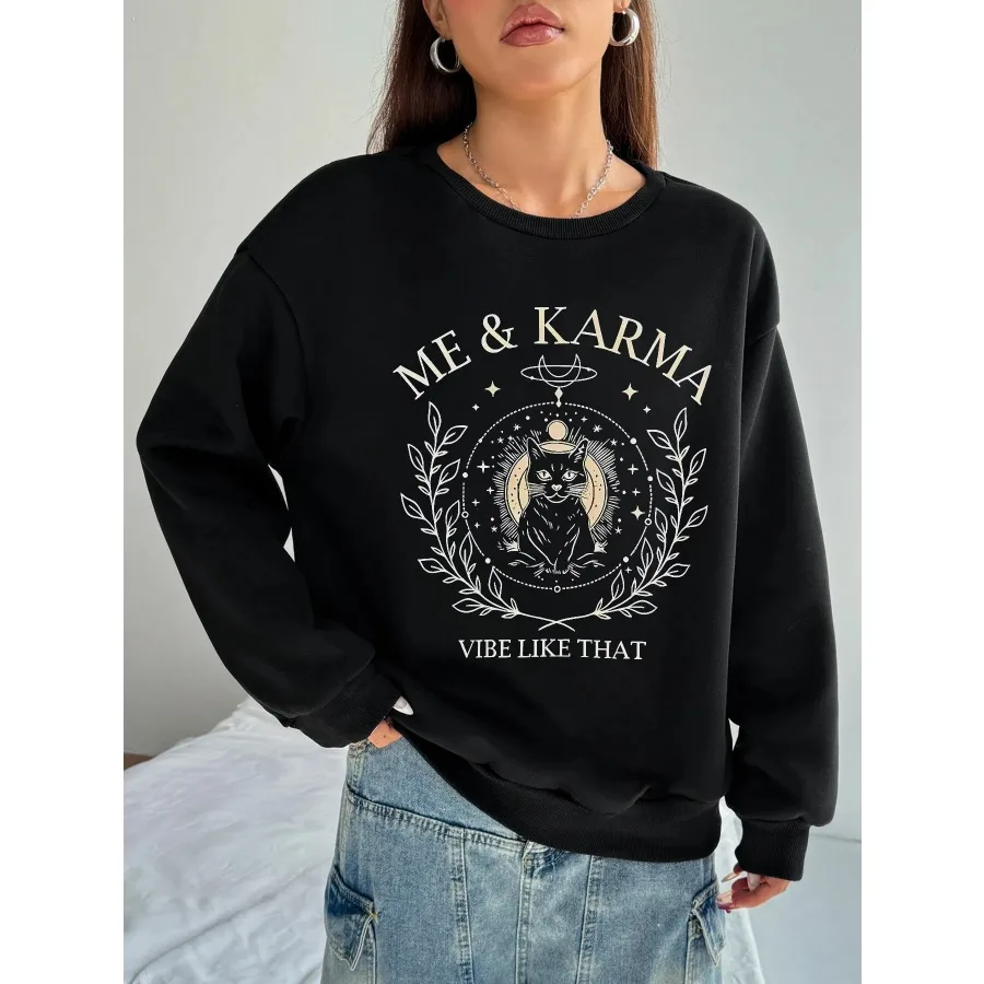 

Women Basic Casual Pullover Long Sleeve Cat Badge Printed Round Neck Spring Autumn