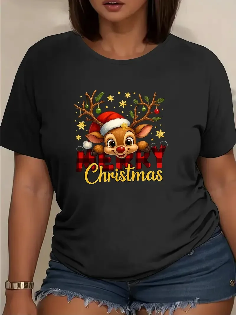 

Women Christmas reindeer and "Merry Christmas" printed t-shirt short sleeved casual round neck top fashion holiday party costume