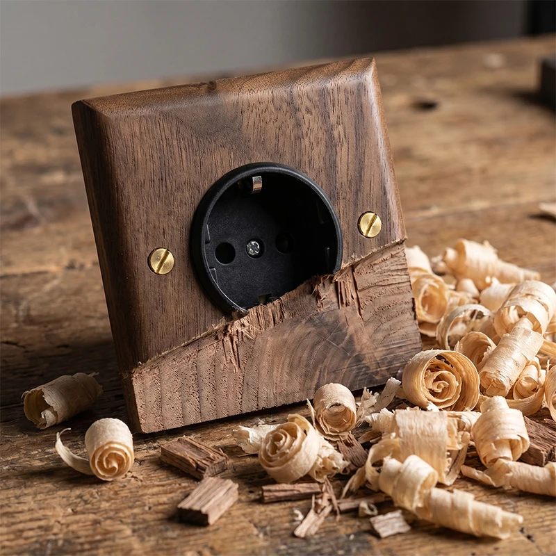 Vintage Wood Grain Socket Wood Panel Switches with Black Walnut Wood and Brass Lever, Retro 86 Style EU Bidirectional Switch