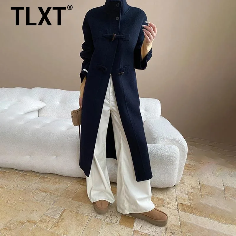 

TLXT модные женские пальто из 100% шерсти с воротником-стойкой, однобортная толстая теплая длинная верхняя одежда, элегантная одежда, новинка зимы 2023 г.