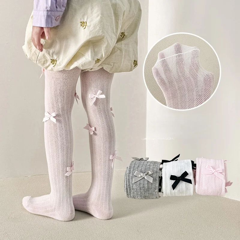 Lightweight Stretchy Pantyhose Toddler Kids Girls Tights Summer Cute Bow Decoration Breathable Mesh Design Soft Children Clothes