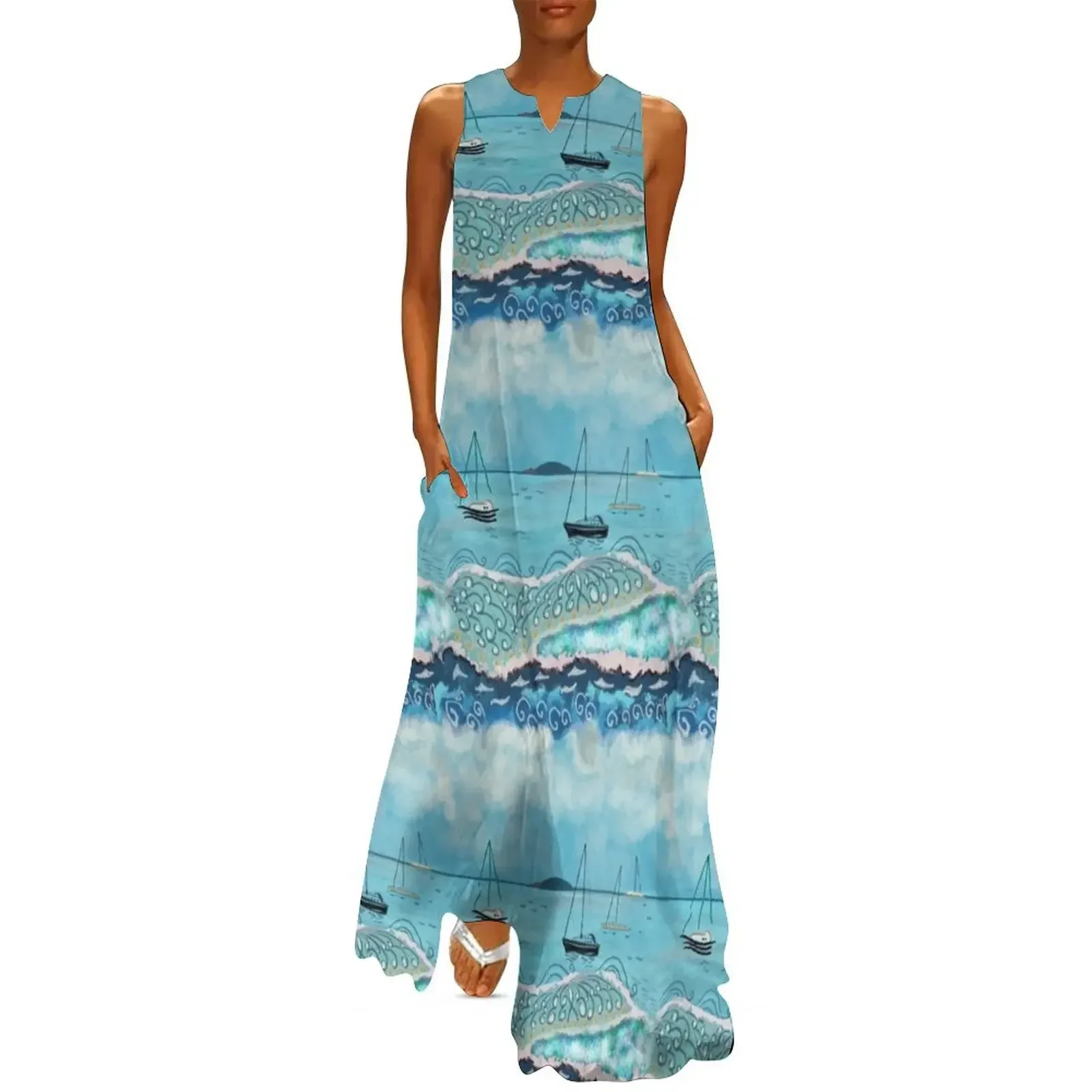 

Striped textured seascape with boats and an island Long Dress Party dresses Womens dresses dress summer Dress