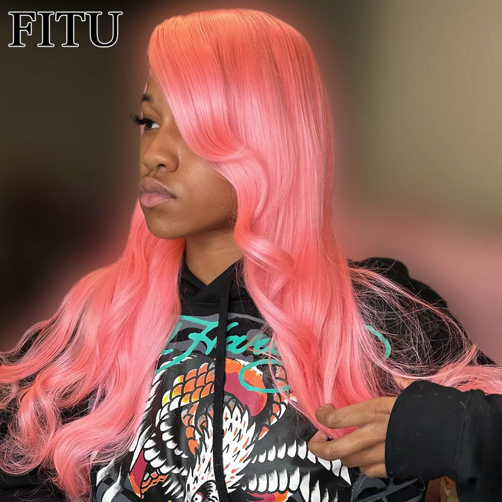

FITU Pink Transparent 13x6 13x4 Lace Frontal Human Hair Wig 613 Colored Plucked With Baby Hair 5x5 Lace Closure Wig