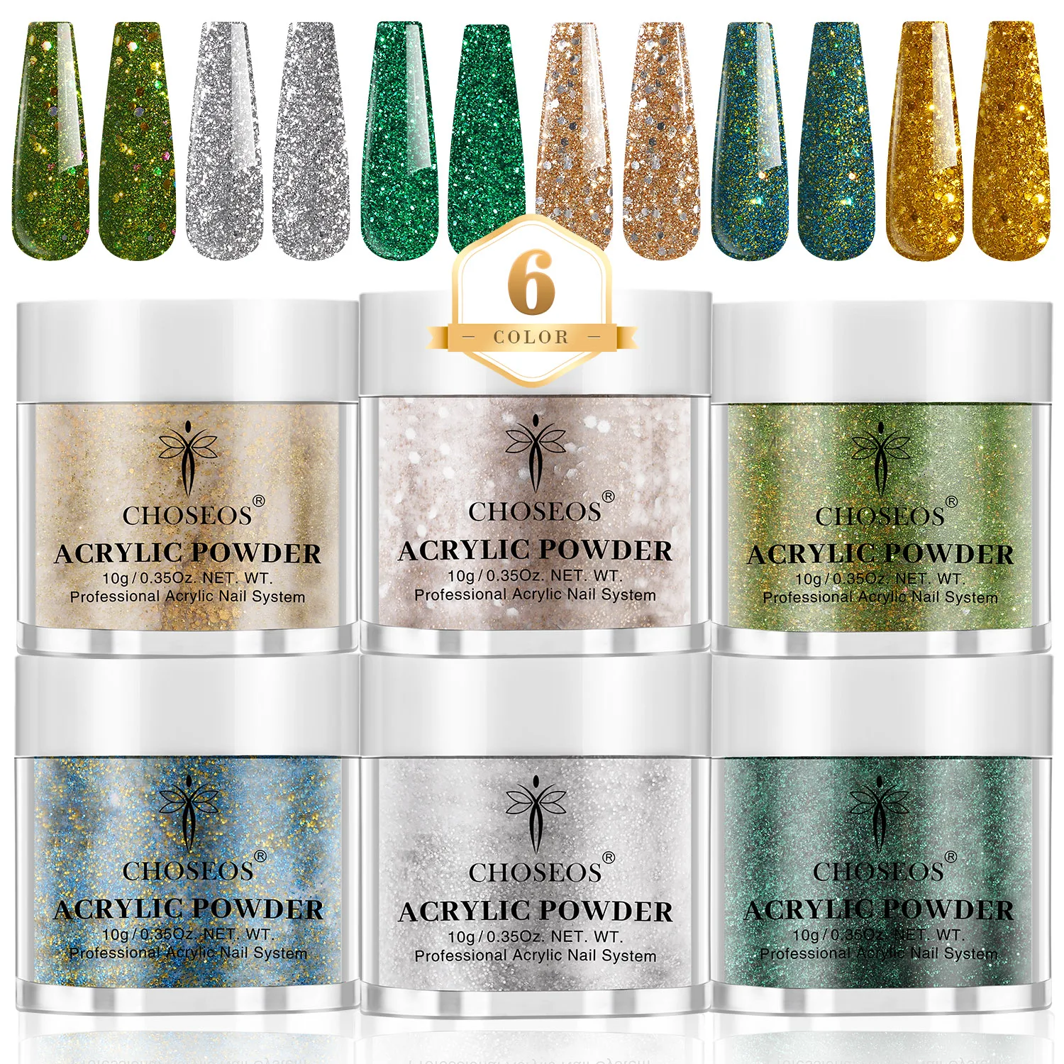 6‑Color Christmas Green Gold Silver Glitter Acrylic Nail Powder Set, Professional Nail Art Materials, Sparkling Holographic Chunky Glitter Nail Art Tones, 10g/0.35oz, No Curing Light, DIY Nail Extension, Halloween Christmas Holiday Manicure Gift for Women