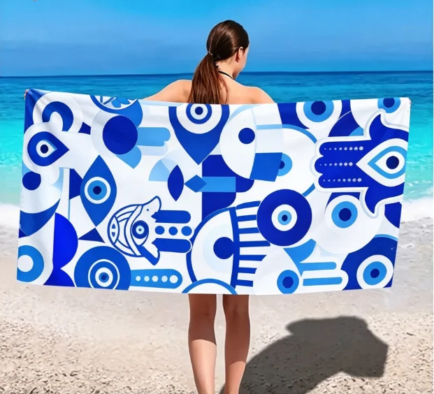Evil Eye & Hamsa Print Beach Towel, Microfiber Large Sand Free Quick Dry, Bohemian Blue Design, Soft Absorbent