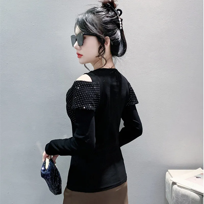High Quality Autumn Sexy Off Shoulder Fashion Beading T-shirt Women\'s Long Sleeves Tassels Design Tees Female Cotton Tops Shirts