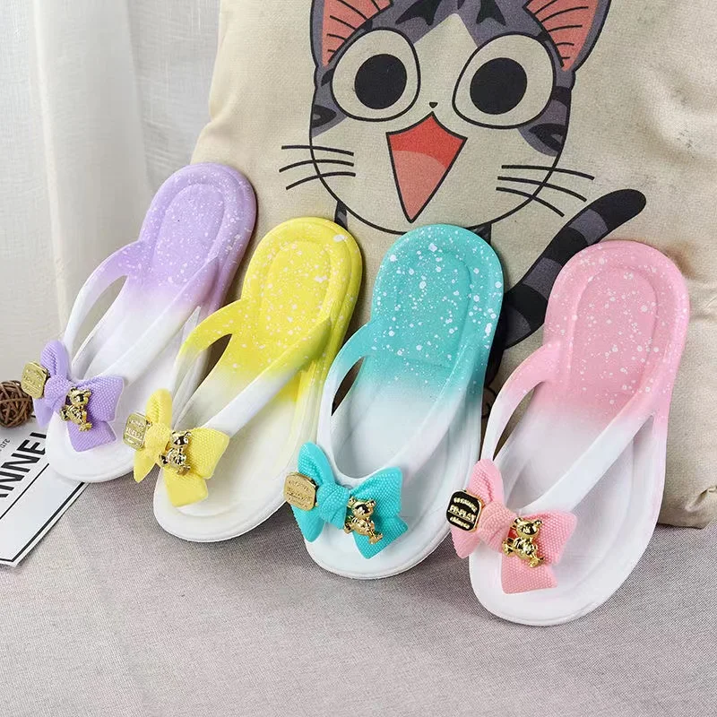 2024 Summer Baby Girls Slippers Children PVC Cartoon Bow Bear Print Flips Flops Beachwear Outdoor Non-slip Kids Shoes Size 24-35