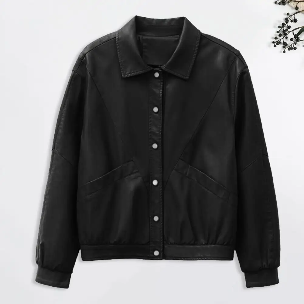 Long-lasting Wear Jacket Retro Motorcycle Coat with Faux Leather Smooth Surface Turn-down Collar for Women Stylish Office