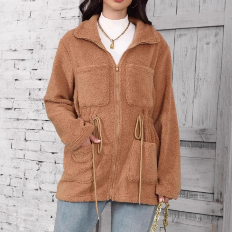 

Mid Khaki Faux Fur Jackets Zip-up Slim Lapel Furry Jackets Fluffy Luxury Stylish Pocket Plush Coats Warm Thick Casual Outerwears