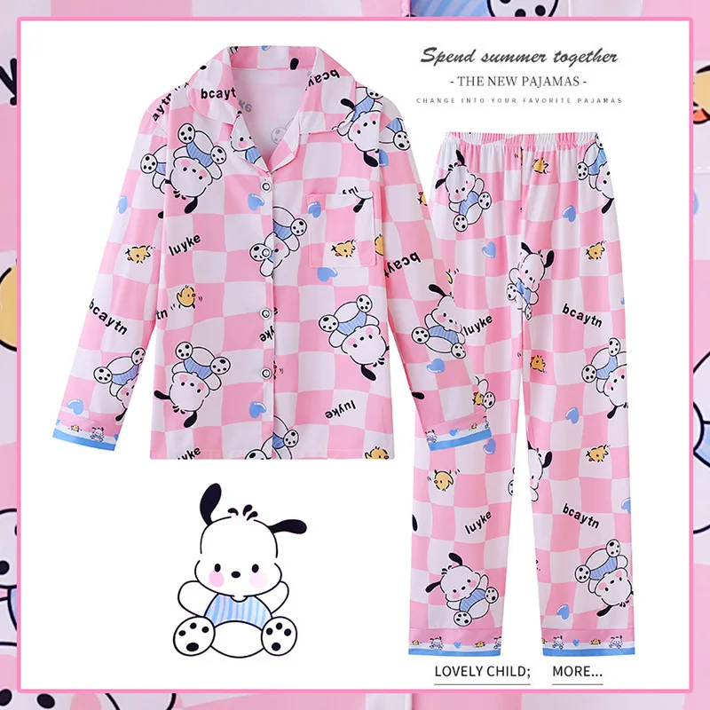 Sanrio Girls Piżama i piżama Summer New Ice Silk Long-Sleeved Cute Set Home Clothes Cartoon Kuromi My Melody Odzież Prezent