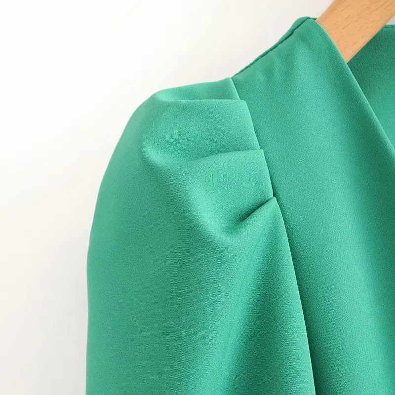 New 2020 women fashion v neck pleats puff sleeve solid green mini dress chic office lady vestidos casual straight dresses DS3681