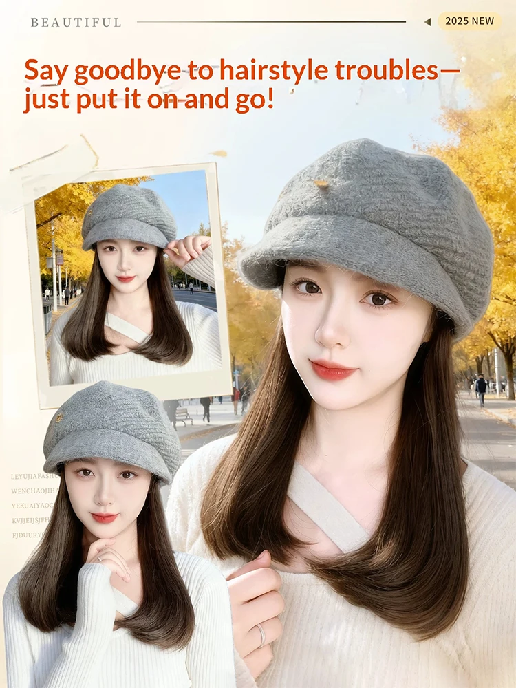 10inch Synthetic Short Straight Wig with Beret No Trace Connect Hat Wig for Women Natural Fluffy Hat Hair Extensions