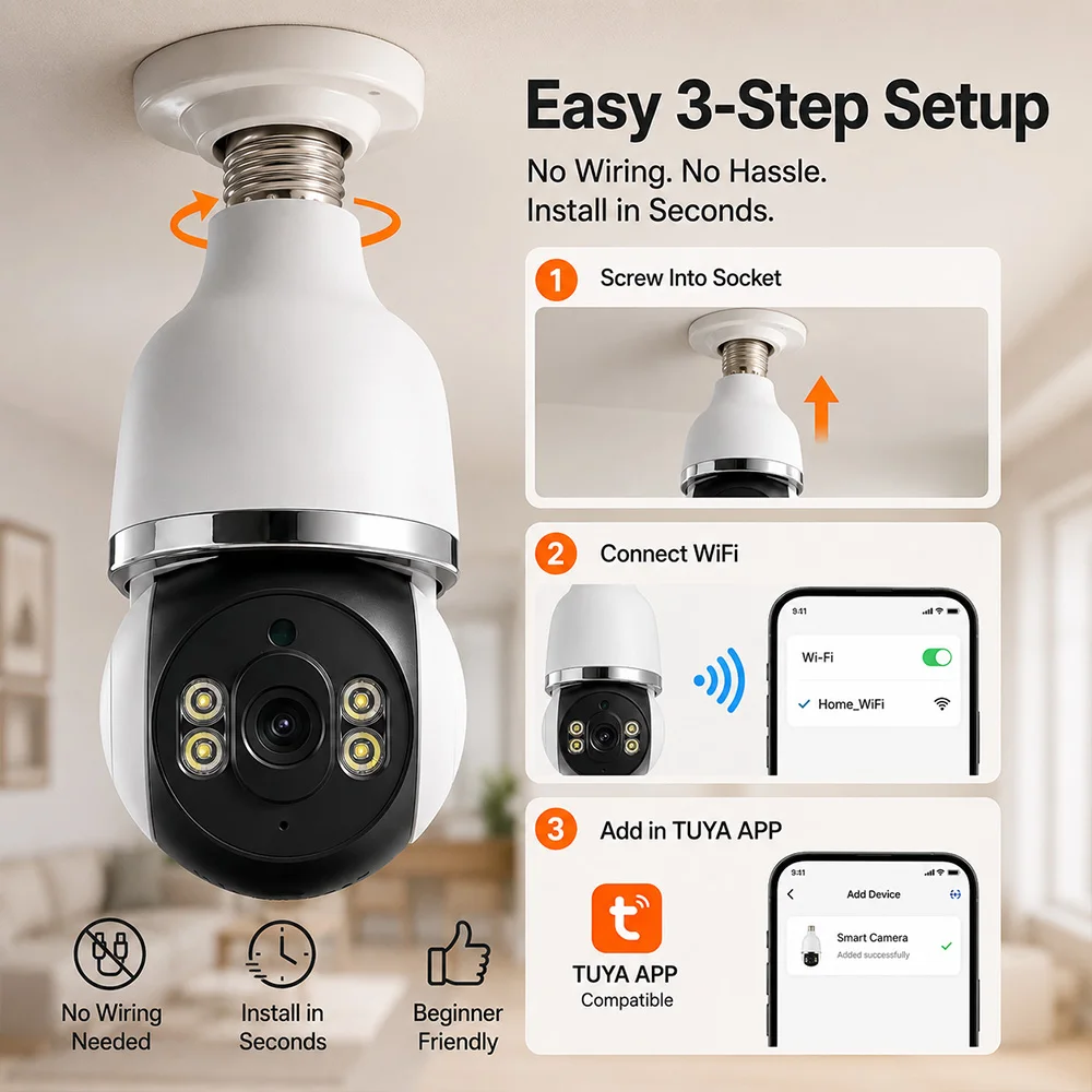 Bulb Camera E27 Wi-Fi Security TUYA Smart Home Camera 1080P Night Vision Remote Two-Way Voice Intercom Monitoring Indoor Outdoor