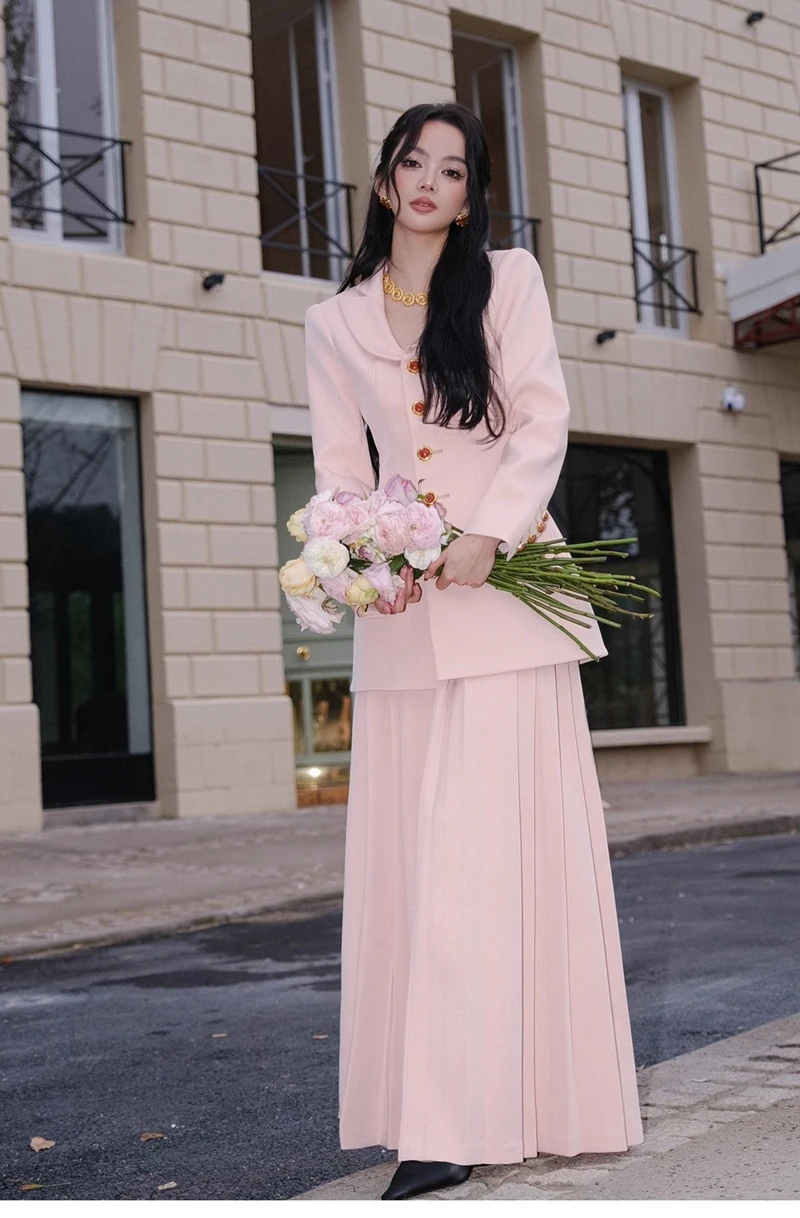 YIGELILA-Women's Pink Long Skirt and Blazer Set, Female Blazer, Pleated Long Skirts, Formal Suit, Winter Outerwear, New, 2024