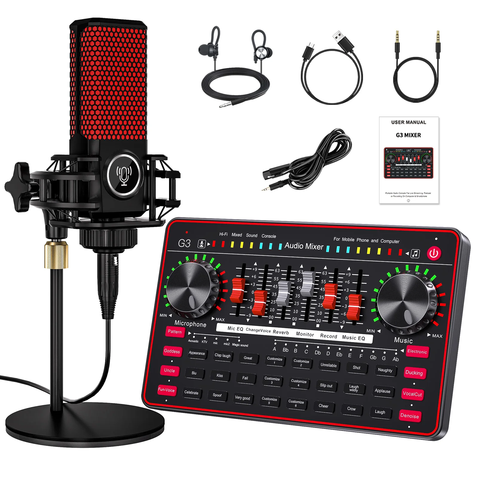 Tenlamp Professional Mixer, Suitable For Laptops, Mobile Phones, Game Recording, Streaming Podcasts, Internet Celebrities, Anchors, Live Streaming, Recording, Karaoke Video Studio Podcast Equipment Bundle, Condenser Mic, Dynamic Microphone, Sound Card