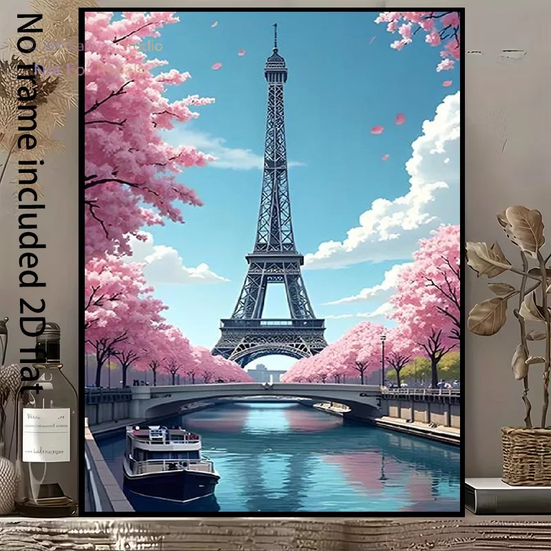 2D Flat, 1pc Paris Eiffel Tower Cherry Blossoms Frameless Vertical Canvas - French Suitable for / Decor, Spring Summer Vertic
