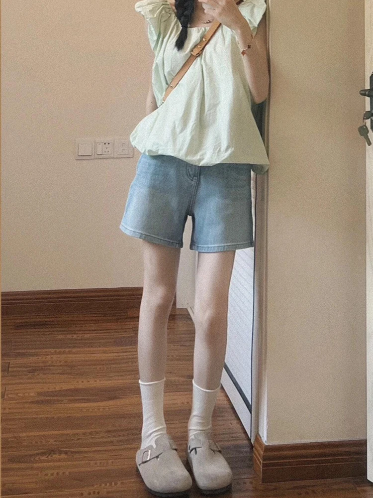 

High Waist Loose A-Line Wide Leg ort Jeans Women's Thin Spring Summer Blue Denim Five-Point Pants Comfortable Casual orts