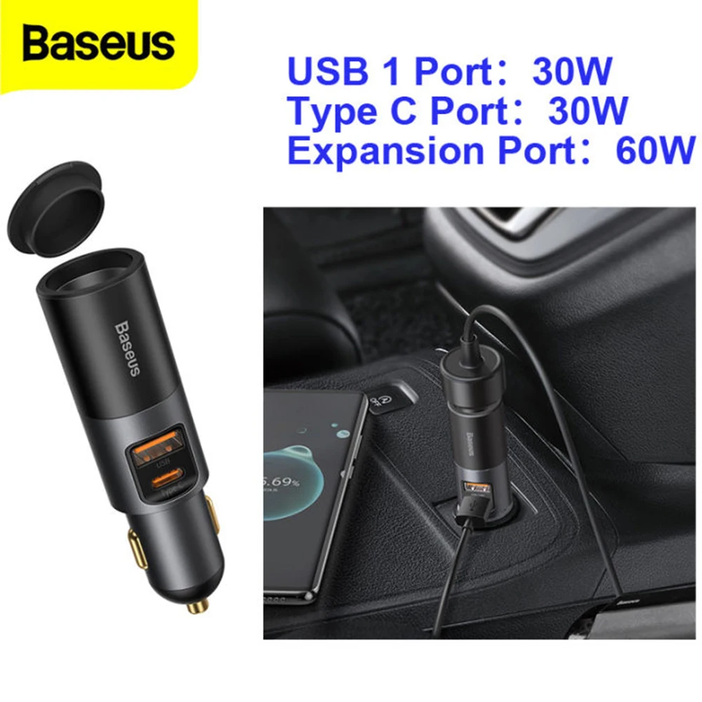 Baseus Car Cigarette Lighter Expansion Splitter Socket 120W Type C USB Dual Ports Fast Charger Car Accessory Adapter For Phone