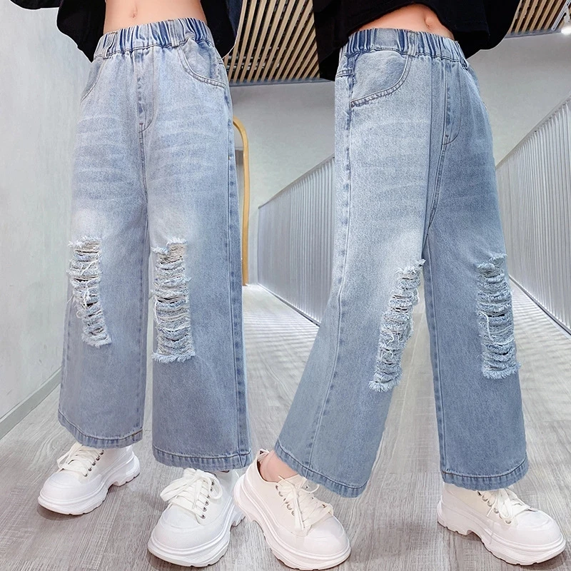 Spring/Autumn Teens Kids Girls Jeans Ripped Hole Casual Child Clothes Ankle-length Pants Capris Trousers 6 8 10 12 14 Years