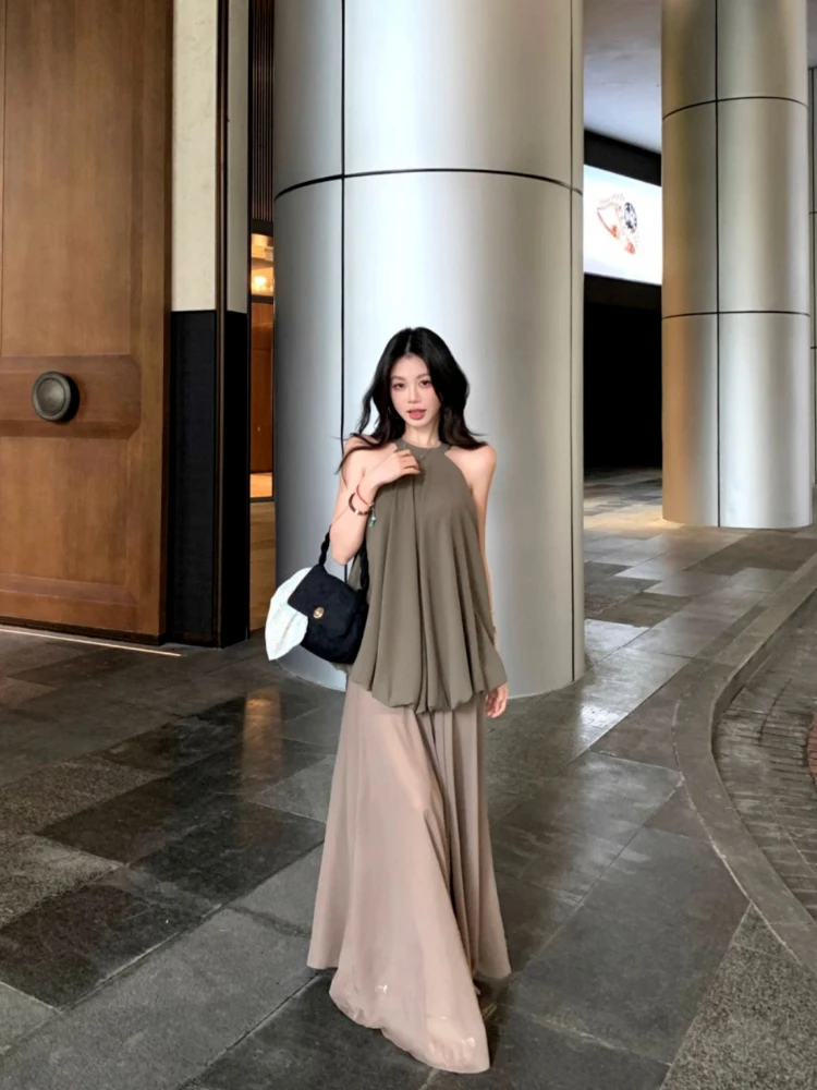 

Women's French Vintage Summer Outfit Set Halter Neck Bubble Blouse High Waist Sheer Midi Skirt 2 Piece Suit for Casual Wear