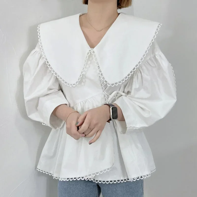 Gagarich Women Blouse Fashion Korean Chic Solid Lace Doll Collar Irregular Design Lace Bubble Sleeve Ruffle Shirt Tops