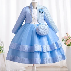 Girls Elegant Gold Silk Embroidery Pattern Tulle Dress Girls Birthday Party Campus Prom Long Sleeve Evening Dress 3-Piece Set