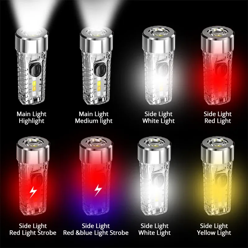 MINI Keychain Flashlight Rechargeable Light Emergency Light with Multicolor Side Lights 7 Lighting Modes For Camping, Home