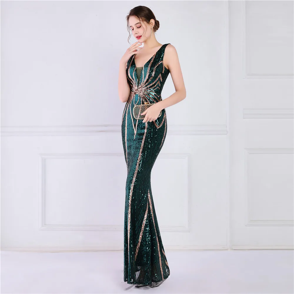 Vestido de noite formal longo brilhante de lantejoulas feminino, Decote V, até o chão, Elástico, Vestidos de festa, Verde escuro, Em estoque, 2023