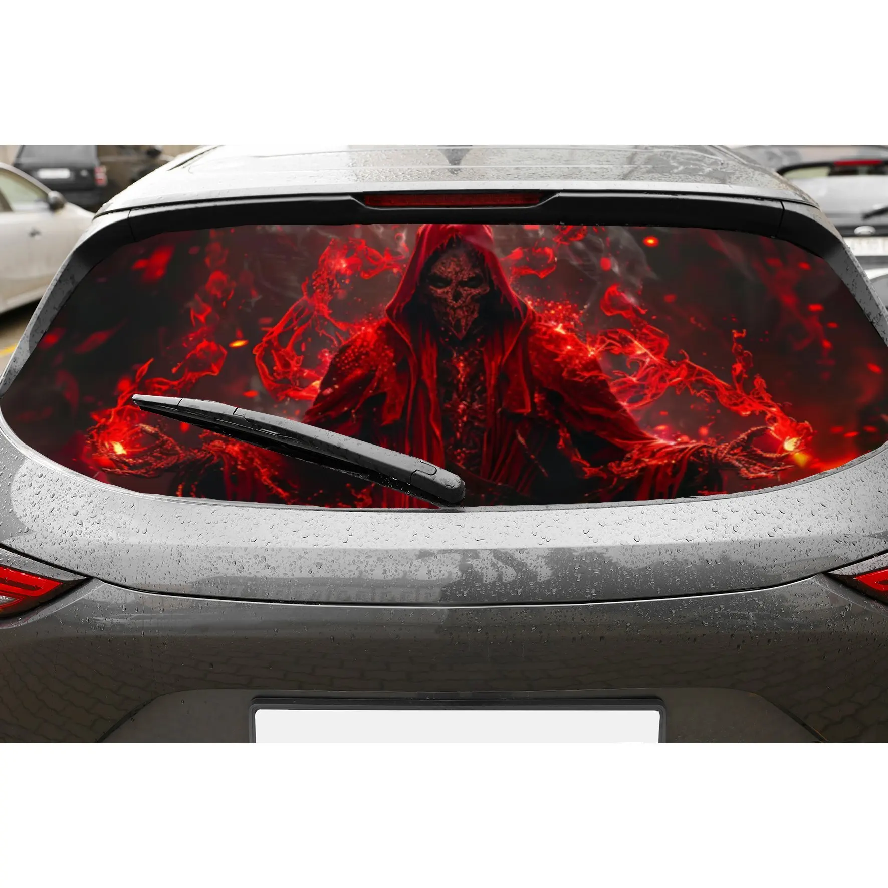 

Scarlet Flame Reaper Print PVC Perforated Car Vinyl Wraps, Durable Car Rear Windshield Sticker, Waterproof Car Rear Window Decal