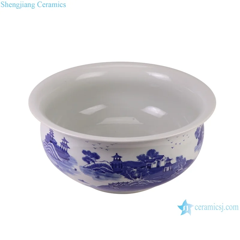 Jingdezhen Blue and White Porcelain Landscape Chinese Parasol Trees Shallow Fish tank Ceramic Pot