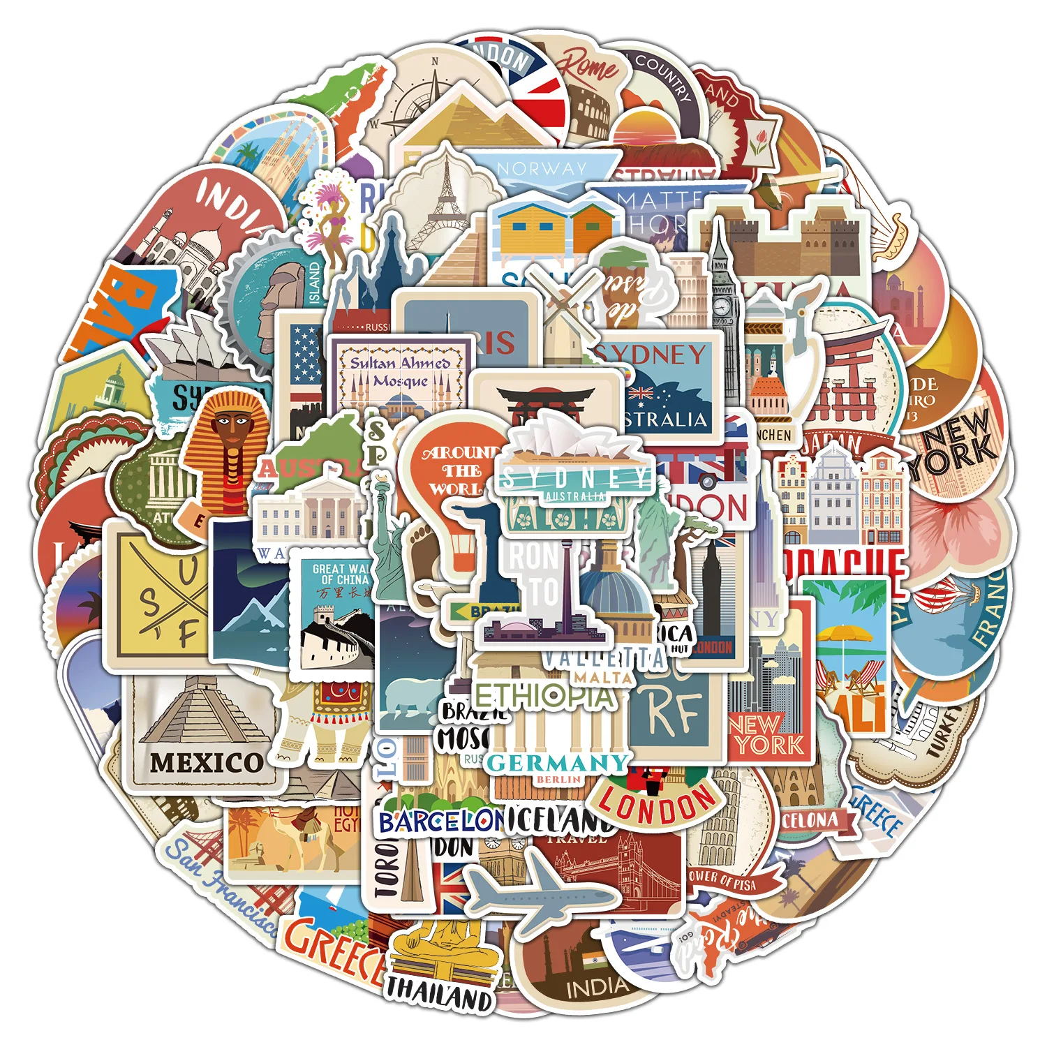 100pcs Waterproof Travel Graffiti Stickers for Car Mobile Phone Computer Decorative Notebook Quitar Stickers
