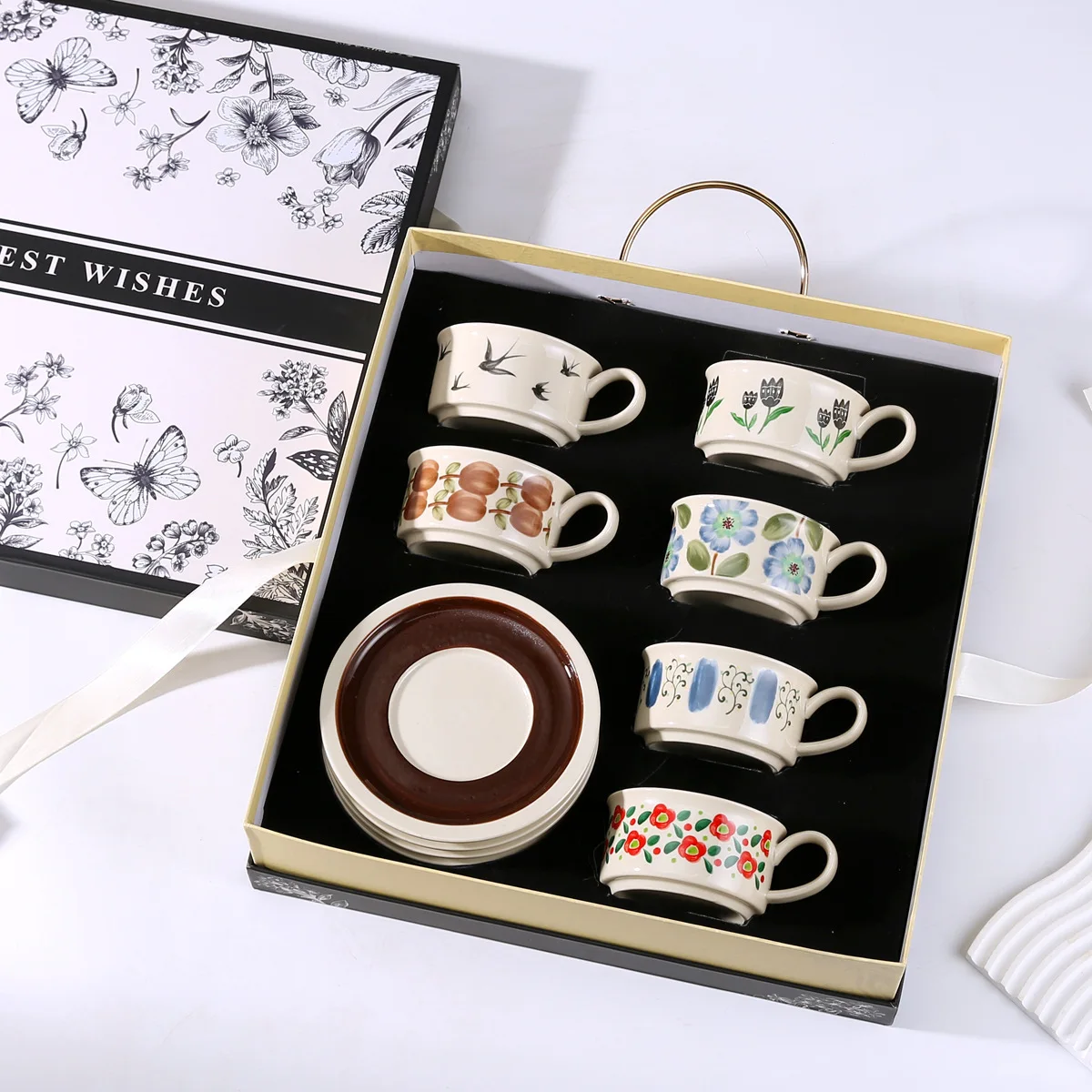 Medieval Style Ceramic Coffee Cup Set 250ml 6 Cups 6 Saucers Tea Cup Set with Saucer Gift Box Set Suitable for Holiday Gifts