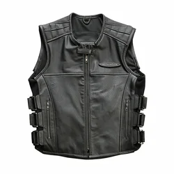 New Men's Sleeveless Jacket High Quality Motorcycle Riding Adjustable Waist Genuine Leather Vest Cowhide Waistcoats
